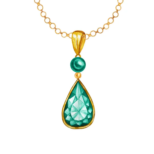 Zöld smaragd kristályos drágakő, gyöngyökkel és arany elemmel. Akvarell rajz medál kristályok az arany lánc fehér háttér. Gyönyörű ékszerszett. — Stock Fotó