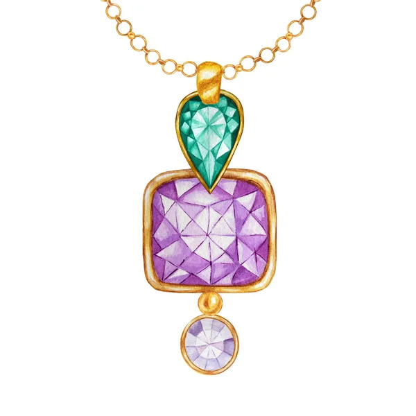 Green emerald drop crystal and purple square and round gemstone with gold element. Beautiful jewelry set. Watercolor drawing Pendant with crystals on golden chain on white background. — Stock Photo, Image