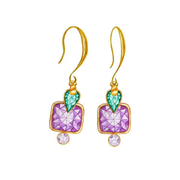 Beaux bijoux sertis. Cristal de goutte d'émeraude vert et pierre gemme carrée et ronde violette avec élément or. Dessin aquarelle Boucles d'oreilles dorées avec cristaux sur fond blanc . — Photo