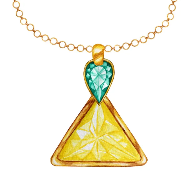 Beaux bijoux sertis. Cristal triangle jaune et pierre précieuse de goutte verte avec l'élément or. Pendentif dessin aquarelle avec cristaux sur chaîne dorée sur fond blanc . — Photo