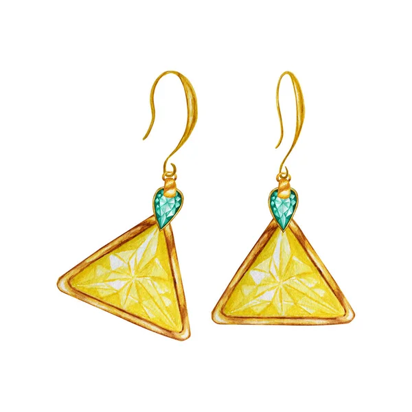 Schönes Schmuckset. gelber Dreieck Kristall und grüner Tropfen Edelstein mit Goldelement. Aquarell Zeichnung goldene Ohrringe mit Kristallen auf weißem Hintergrund. — Stockfoto