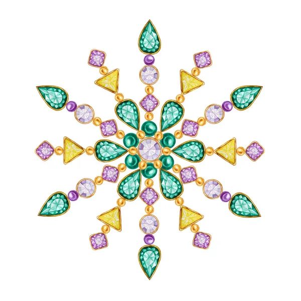 Watercolor Christmas crystal snowflake. Beautiful bright colors jewelry medallion, brooch, decoration on neck. Fashion brilliant stones, applique rhinestones. New Year greeting card design. — Stock Photo, Image