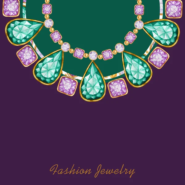 Green emerald drop, Purple square and round crystal gemstone with gold element frame. Beautiful jewelry bracelet. Bright Watercolor drawing bracelete with crystals border on purplebackground. — Stock Photo, Image