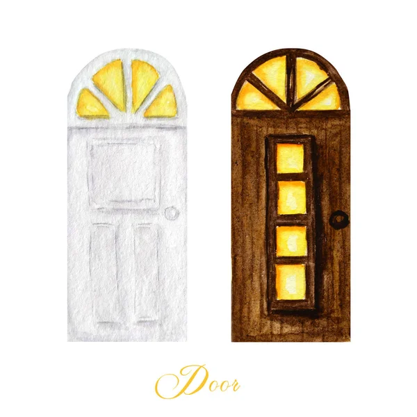 Watercolor wodden doors with windows in vintage style on white background. Hand drawing of white and dark brown door set. — Stock Photo, Image