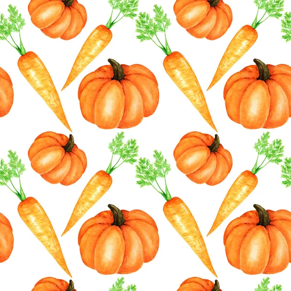 无缝图案水彩画收集橙菜南瓜和胡萝卜。手绘新鲜的纯素食食品在白色背景。织物秋季纹理 — 图库照片