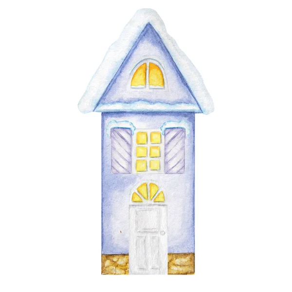 Acuarela casa azul invierno de Navidad con ventanas luminosas, y con nieve en el techo sobre un fondo blanco. Casa de dos plantas de colores brillantes — Foto de Stock