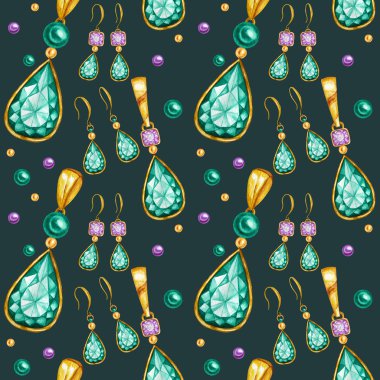 Altın bir çerçeve içinde küpe ve Kristal kolye ile Dikişsiz desen. El çizilmiş suluboya Gemstone elmas takı. Parlak renkler yeşil, mor Kumaş doku. Scrapbooking için Yeşil Arka Plan