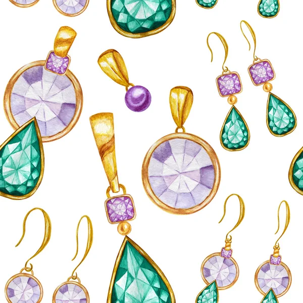 Seamless pattern with earrings and pendants of Crystal in a gold frame. Hand drawn watercolor Gemstone diamond jewelry. Bright colors green, purple Fabric texture. White Background for scrapbooking — Stock Photo, Image