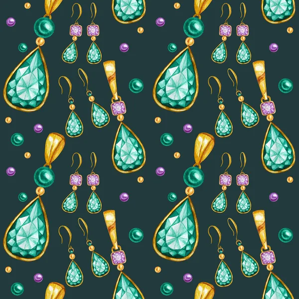 골드 프레임의 크리스탈 귀걸이와 펜던트 패턴. 손으로 그린 수채화 보석 다이아몬드 보석. 밝은 색상 녹색, 보라색 직물 질감. 스크랩북에 대한 녹색 배경 — 스톡 사진