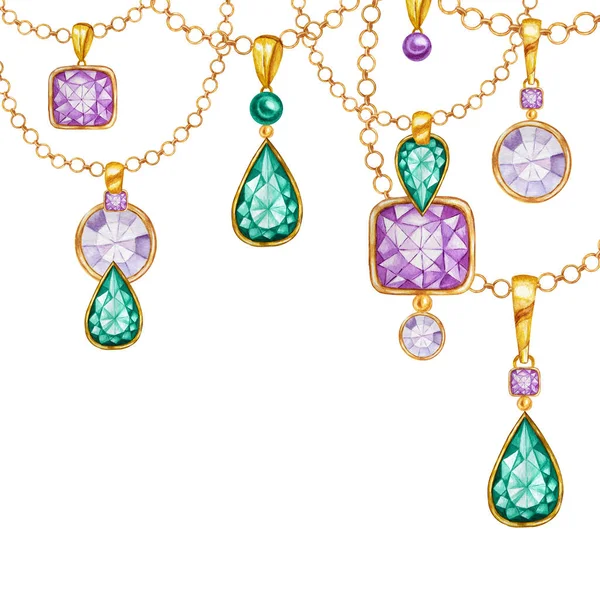 Purple and green square, round, drop crystal gemstone with gold element. Watercolor drawing Pendant with crystals on golden chain on white background. Beautiful jewelry set.
