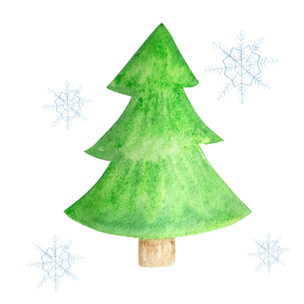 Árvore de Natal verde aquarela no fundo branco com floco de neve. Elementos isolados desenhados à mão para estampas, cartões de felicitações — Fotografia de Stock