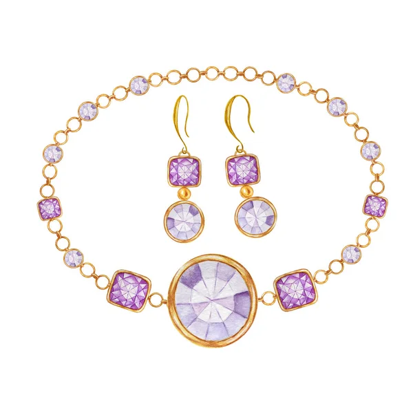 Jewelry set of earrings and bracelete. Purple square and round crystal gemstone with gold element. Beautiful Watercolor drawing bracelete with crystals on golden chain on white background. — Stock Photo, Image
