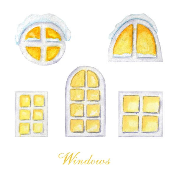 Set de diferentes ventanas pintadas en acuarela. Ilustración en acuarela de las ventanas luminosas de invierno de Navidad aisladas sobre fondo blanco. Elementos de diseño dibujados a mano . — Foto de Stock