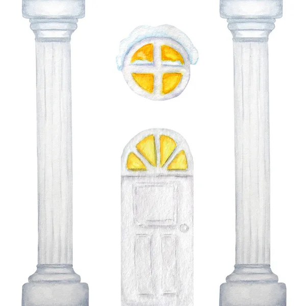 Marco de columna blanco acuarela con ventana y puerta luminosas. Acuarela capiteles de dibujo hechos a mano de la columna de mármol . —  Fotos de Stock