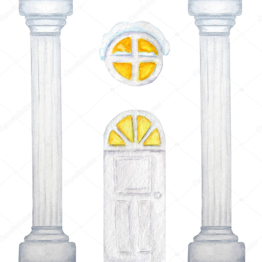 Watercolor white column frame with luminous window and door. Watercolor handmade drawing capitals of the marble column.