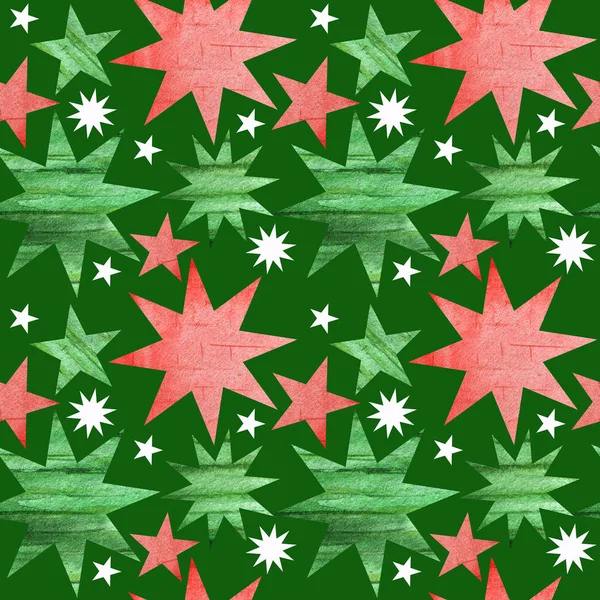 Padrão sem costura com verde, vermelho e branco estrelas de Natal. Fundo verde brilhante em estilo simples com estrelas. Melhor design para cartão, cartaz, banner. Ano Novo Textura de tecido e design de papel — Fotografia de Stock