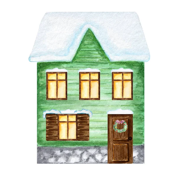 Casa verde de invierno de Navidad con ventanas luminosas, y con nieve en el techo sobre un fondo blanco. Casa de dos plantas de colores brillantes con decoración de la corona de Navidad. Ilustración en acuarela — Foto de Stock