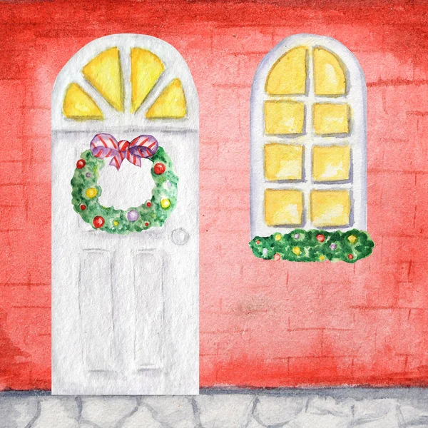Акварель белые wodden двери и светящиеся окна в винтажном стиле на красном фоне стены с рождественскими венками украшения. Новогодняя открытка, плакат — стоковое фото
