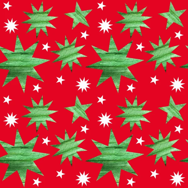 Seamless pattern with green and white christmas stars. Bright Red background in simple style with stars. New year Fabric texture — Stock Photo, Image