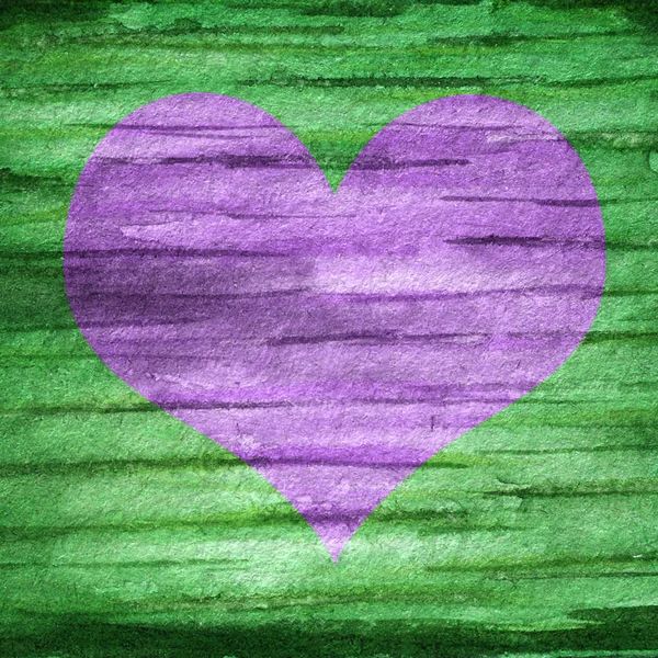 집 벽 녹색 나무 질감입니다. 보라색 심장 밝은 크리스마스 색상 배경입니다. 수채화 손으로 그린 추상적 인 패턴. 텍스트에 대한 복사 공간이있는 인사말 카드 개념. — 스톡 사진