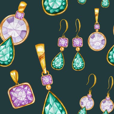 Altın bir çerçeve içinde küpe ve Kristal kolye ile Dikişsiz desen. El çizilmiş suluboya Gemstone elmas takı. Parlak renkler yeşil, mor Kumaş doku. Scrapbooking için Yeşil Arka Plan