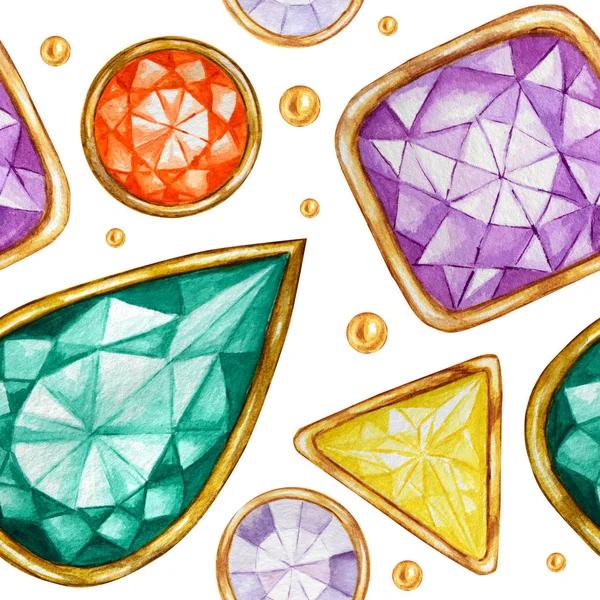 Varrat nélküli mintázat Crystal egy arany keret és ékszerek gyöngyök. Kézzel rajzolt akvarell Gemstone gyémánt. Élénk színek Fabric textúra. Fehér háttér Scrapbooking — Stock Fotó