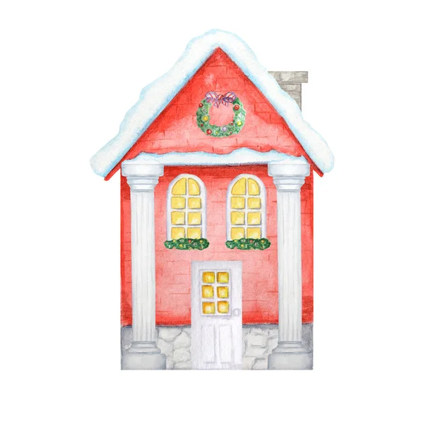 Casa roja de invierno de Navidad con ventanas luminosas, columna clásica, y con nieve en el techo sobre un fondo blanco. Casa de dos plantas de colores brillantes con decoración de la corona de Navidad. Ilustración en acuarela — Foto de Stock