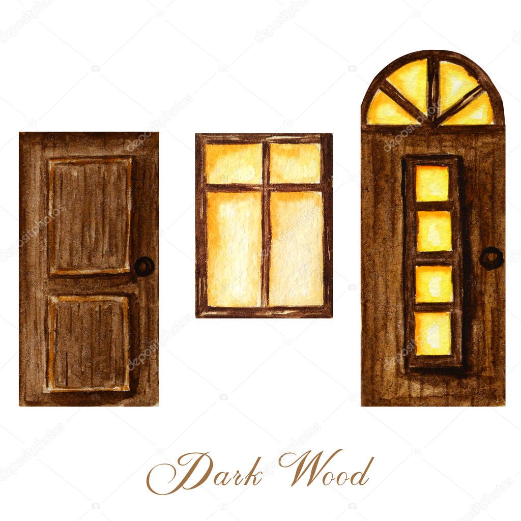 Watercolor wodden doors with windows and luminous window in vintage style on white background. Hand drawing of dark brown wood door set.