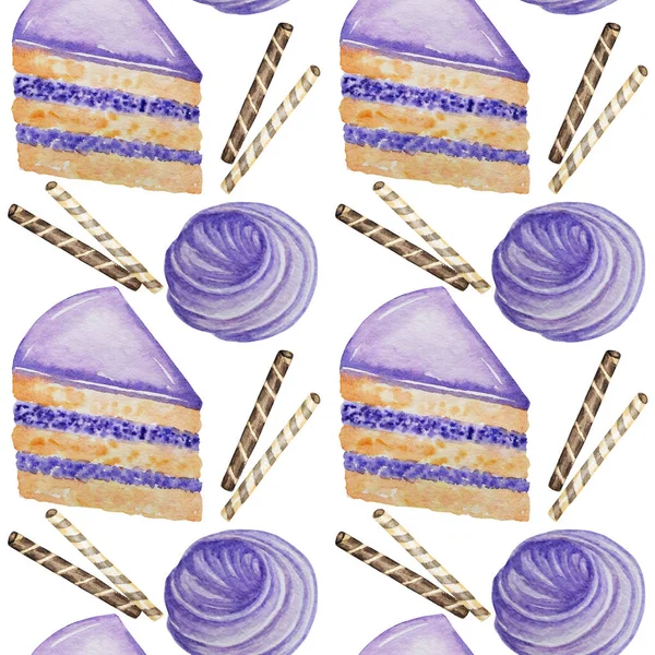 Brilhante doce deliciosa aquarela padrão sem costura com merengue, waffle e bisquit pedaço de bolo. Roxo, cor marrom tecido textura mão desenhada ilustração no fundo branco — Fotografia de Stock