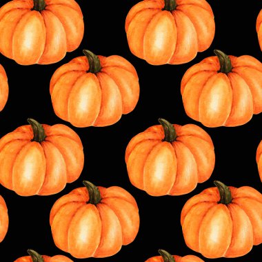 Dikişsiz desen Suluboya turuncu kabak koleksiyonu boyalı. Karikatür tarzı El siyah arka plan üzerinde taze vegan gıda çizilmiş. Kumaş sonbahar halloween doku