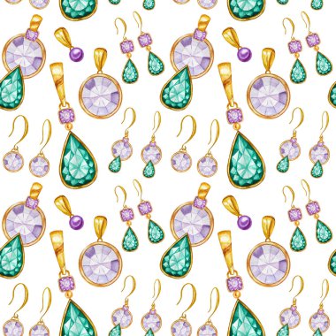 Altın bir çerçeve içinde küpe ve Kristal kolye ile Dikişsiz desen. El çizilmiş suluboya Gemstone elmas takı. Parlak renkler yeşil, mor Kumaş doku. Scrapbooking için beyaz arka plan