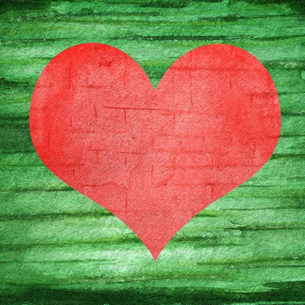Φωτεινά Χριστουγεννιάτικα χρώματα φόντο με κόκκινη καρδιά. Ακουαρέλα ζωγραφισμένα στο χέρι αφηρημένο μοτίβο. Σπίτι Wall πράσινη ξύλινη υφή. Ιδέα ευχετήριας κάρτας με χώρο αντιγραφής για κείμενο. — Φωτογραφία Αρχείου