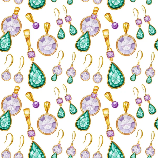 Padrão sem costura com brincos e pingentes de cristal em uma moldura de ouro. Mão desenhada aquarela jóias diamante Gemstone. Cores brilhantes verde, textura de tecido roxo. Fundo branco para scrapbooking — Fotografia de Stock