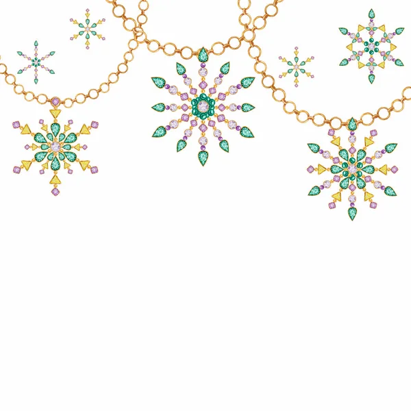 Υδατογραφικό χριστουγεννιάτικο κρύσταλλο Χιονονιφάδα. Χέρι ζωγραφική χιονονιφάδες μενταγιόν σε χρυσή αλυσίδα σε λευκό φόντο. Φωτεινά χρώματα Διακόσμηση κοσμημάτων. Νέο έτος σχεδίαση ευχετήριας κάρτας με χώρο αντιγραφής για κείμενο. — Φωτογραφία Αρχείου