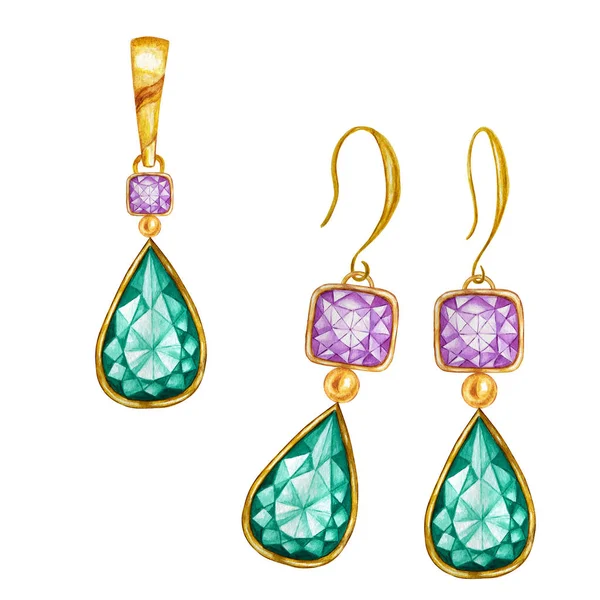 Goutte d'émeraude verte, perles de cristal gemme carrées violettes avec élément doré. Aquarelle dessin pendentif doré et boucles d'oreilles sur fond blanc. Magnifique ensemble bijoux . — Photo