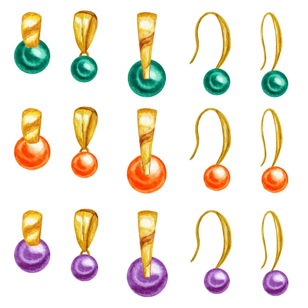 Perles de pierre gemme vert émeraude, orange, violet avec élément doré. Aquarelle dessin pendentif doré et boucles d'oreilles sur fond blanc. Beau ensemble de bijoux multicolores . — Photo