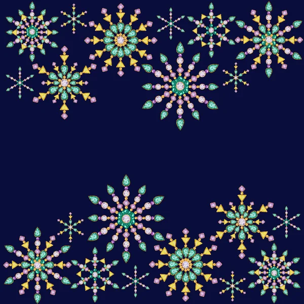 Moldura de floco de neve de cristal de Natal aquarela no fundo azul escuro. Belas cores brilhantes jóias decoração no pescoço. Moda pedras brilhantes, strass. Ano Novo cartão de saudação, design de cartaz . — Fotografia de Stock