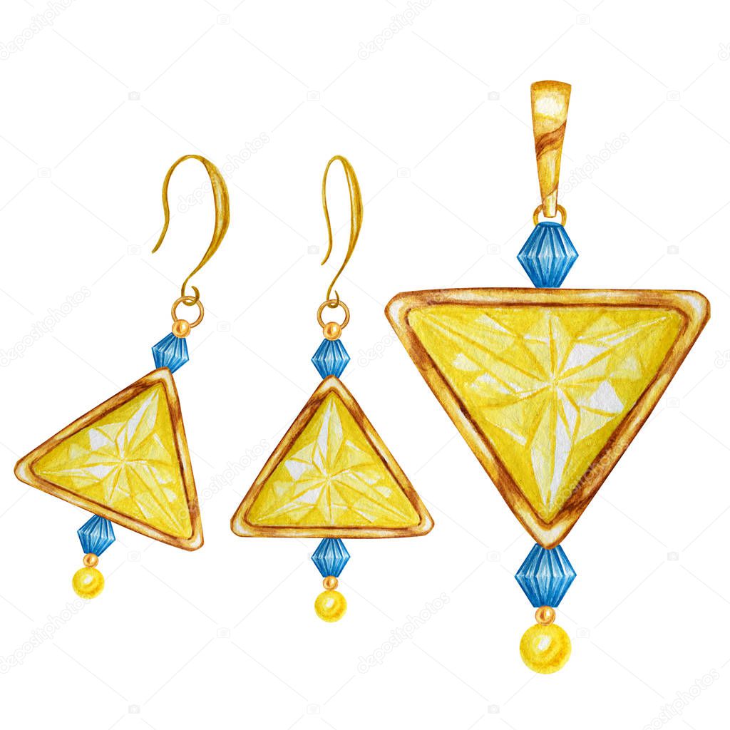 Green emerald drop, yellow triangle crystal gemstone beads with gold element. Watercolor drawing golden Pendant and earrings on white background. Beautiful jewelry set.