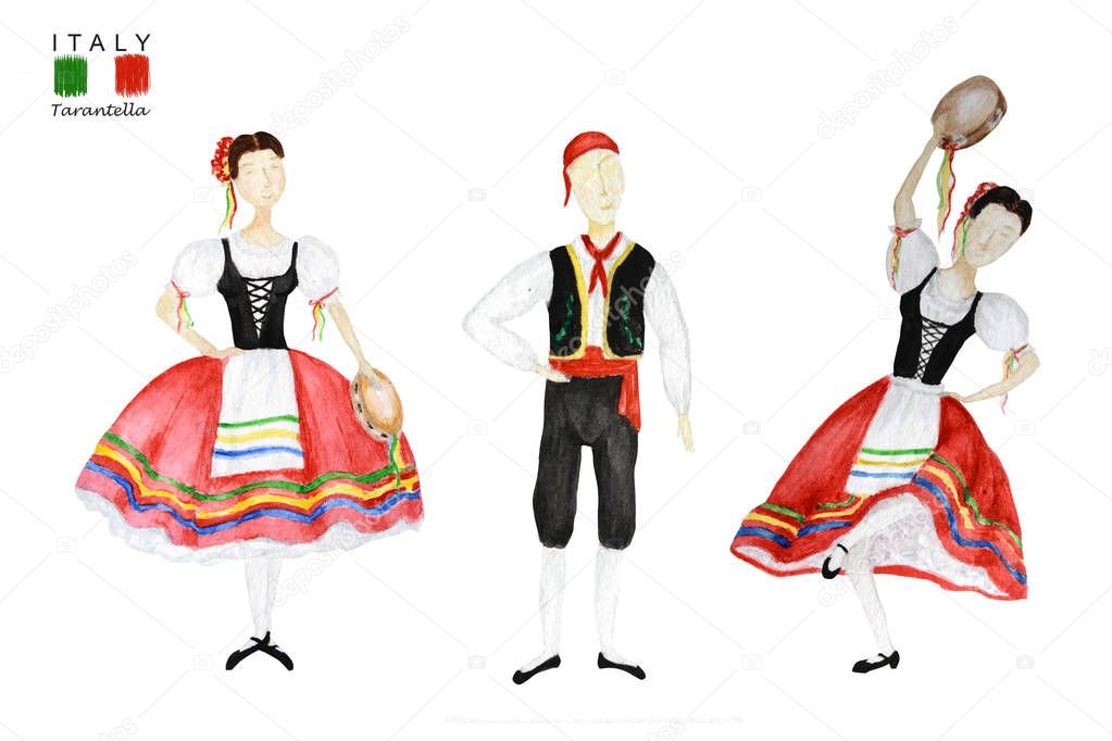 Dancers in red national costume an Italian tarantella with a tambourine on white background. Set of Woman and man dancer in red folk costume Italy. Watercolor Illustration