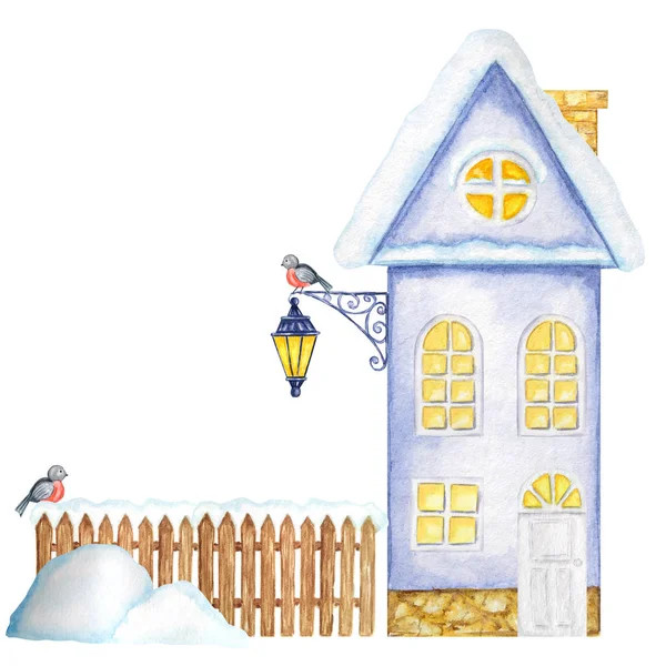 Cartoon Winter House, brown wooden fence with snow, luminous Street Lamp, snowdrifts and Bullfinch bird couple. Front view. Watercolor Greeting card, poster, banner concept with copy space for text.