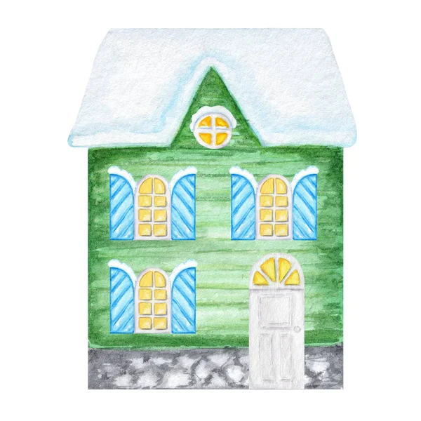 Acuarela casa verde de invierno de Navidad con ventanas luminosas con persianas de color azul claro brillante, y con nieve en el techo sobre un fondo blanco. Casa de dos plantas de colores brillantes — Foto de Stock
