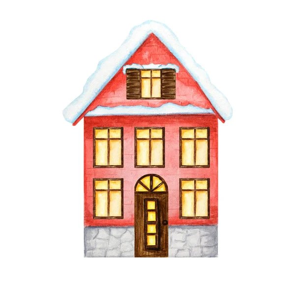 Watercolor Christmas winter red house with luminous windows, and with snow on the roof on a white background. With dark brown wooden door and window — Stock Photo, Image