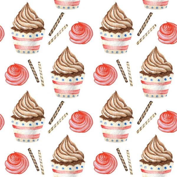 Heldere zoete heerlijke aquarel naadloze patroon met chocolade cupcakes en wafel, meringue. Rode, bruine kleurstof textuur hand getekende illustratie op witte achtergrond — Stockfoto