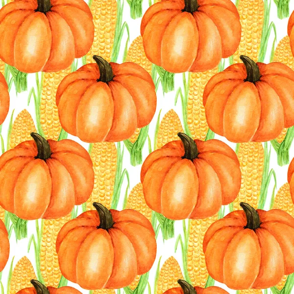 Sömlös mönster akvarell målade samling av orange gul majs och pumpa. Tecknad stil handritade färsk vegansk mat på vit bakgrund. Tyg höst Halloween textur — Stockfoto