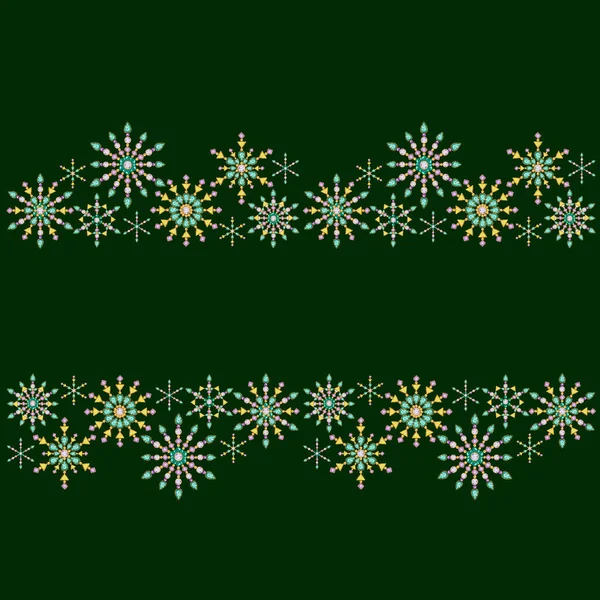 Aquarel Christmas Crystal Snowflake frame op donker groene achtergrond. Mooie felle kleuren sieraden decoratie. Mode briljant, strass. Nieuwjaar wenskaart, poster ontwerp met Kopieer ruimte — Stockfoto