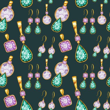 Altın bir çerçeve içinde küpe ve Kristal kolye ile Dikişsiz desen. El çizilmiş suluboya Gemstone elmas takı. Parlak renkler yeşil, mor Kumaş doku. Scrapbooking için Yeşil Arka Plan