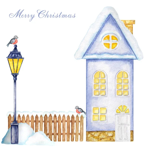 Cartoon Winter House, brown wooden fence with snow, luminous Street Lamp, snowdrifts and Bullfinch bird couple. Front view. Watercolor Greeting card, poster, banner concept with copy space for text.