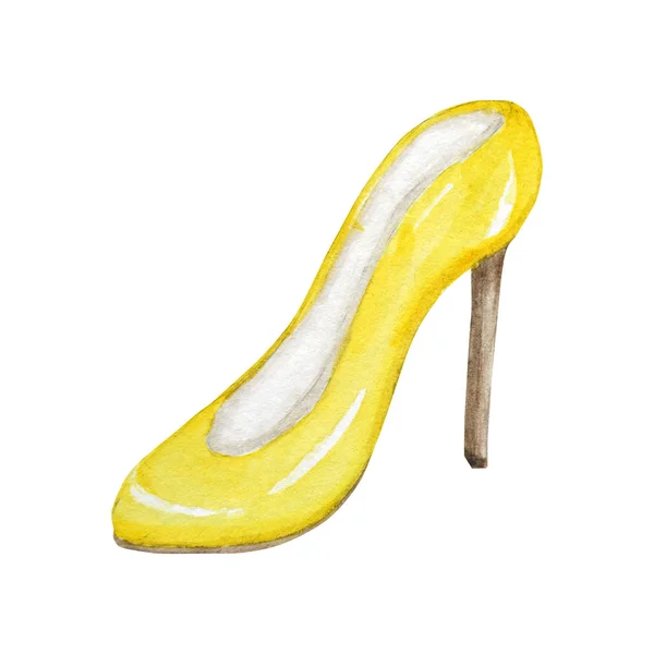 하이힐에 노란색 패션 여성 신발. 스마트 럭셔리 레이디 슈즈 컬렉션. 흰색 배경에 고립 된 손으로 그린 수채화 그림. — 스톡 사진