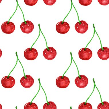 Dikişsiz desen Suluboya kiraz boyalı. Karikatür tarzı El beyaz arka plan üzerinde taze vegan gıda çizilmiş. Kumaş dokusu