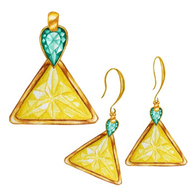 Yeşil zümrüt damla, altın elementile sarı üçgen kristal değerli taş boncuklar. Suluboya çizim altın Kolye ve beyaz arka plan üzerinde küpe. Güzel takı seti.